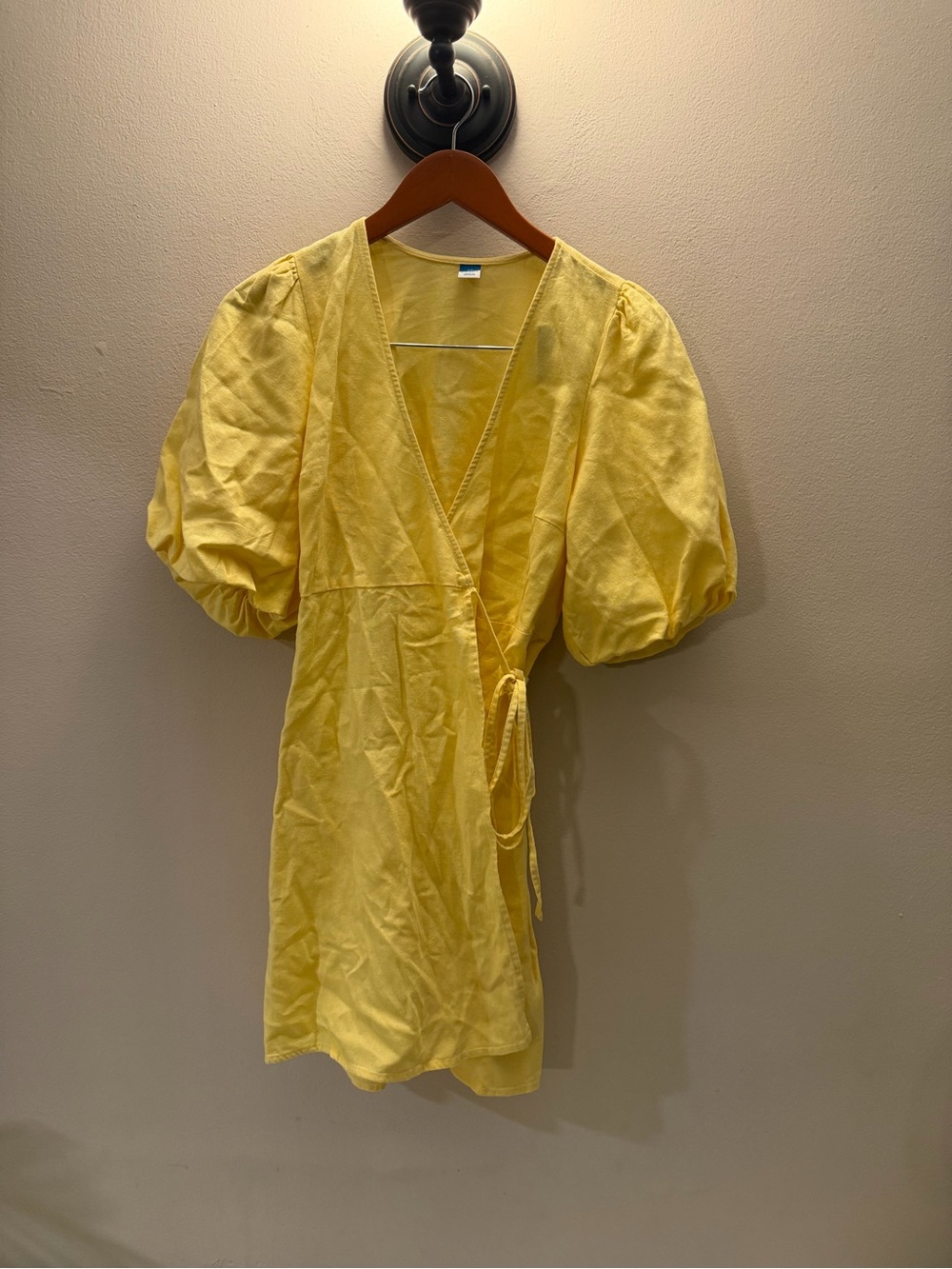 Old Navy Womens Yellow Linen Blend Puff Sleeve V-Neck Wrap Mini Dress XS